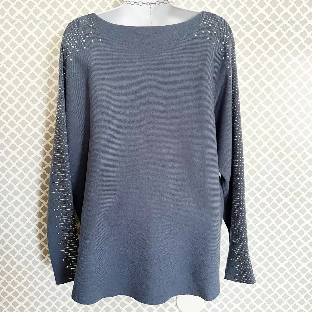 Milano Blue Dolman Sleeve Sweater with Sequins & Silver Studs, L